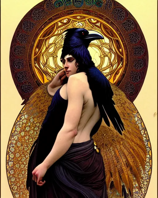 Image similar to goddess of the ravens, unusual beauty, emotionally evoking symbolic metaphors, head in focus, fantasy, ornamental, intricate, elegant, sensual, highly detailed digital painting, artstation, concept art, painterly, golden ratio, sharp focus, illustration, art by Rafael and Alphonse Mucha and Albert Aublet