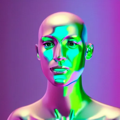 Image similar to 3d render of holographic human robotic head made of glossy iridescent, surrealistic 3d illustration of a human face non-binary, non binary model, 3d model human, cryengine, made of holographic texture, holographic material, holographic rainbow, concept of cyborg and artificial intelligence