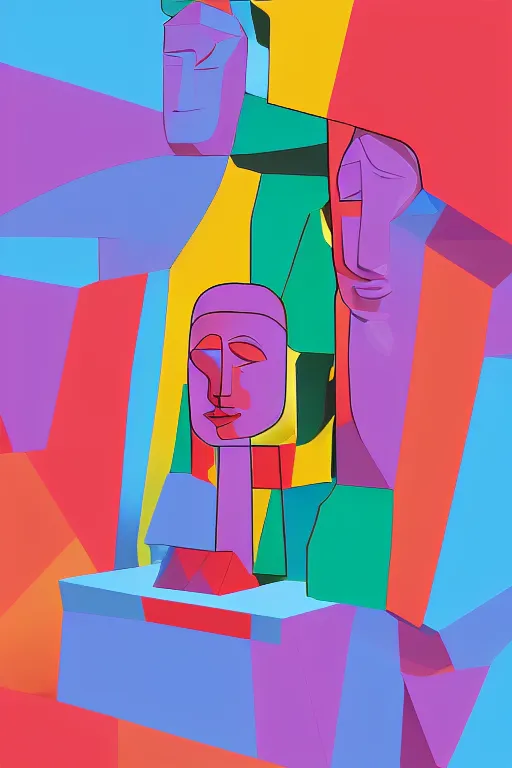 Image similar to cubist moai statue cutout digital illustration cartoon colorful beeple