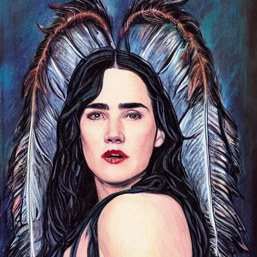 Prompt: young innocent jennifer connelly as innocent gothic beauty with black feathers instead of hair, eyes closed, mutant, sad, feathers growing out of skin, sitting in opulent chair, romantic, comic book cover, vivid, beautiful, illustration, highly detailed, rough paper, dark, oil painting