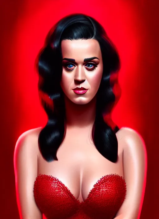 Image similar to portrait of katy perry in a red dress, intricate, elegant, glowing lights, highly detailed, digital painting, artstation, concept art, smooth, sharp focus, illustration, art by wlop, mars ravelo and greg rutkowski, hyper realistic photography