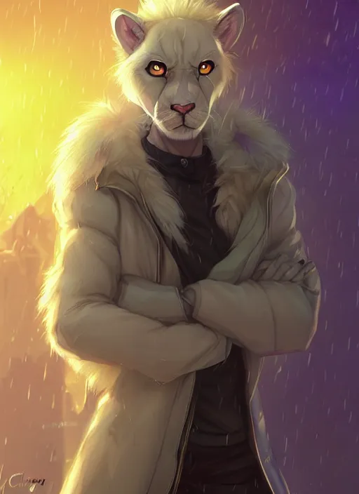 Prompt: award winning beautiful portrait commission of a male furry anthro albino mountain lion fursona with a tail and a cute beautiful attractive detailed furry face wearing stylish cyberpunk clothes in a cyberpunk city at night while it rains. Purple and Yellow. Character design by charlie bowater, ross tran, artgerm, and makoto shinkai, detailed, inked, western comic book art