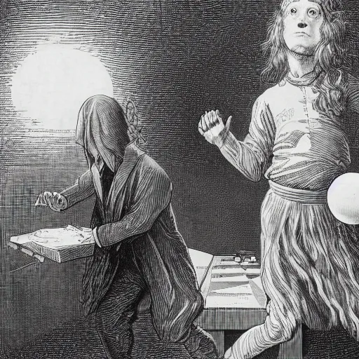 Image similar to portrait of a mark zuckerberg playing ping pong, gothic, cat eyes, hair waving in the wind, high detail, illustration by gustav dore