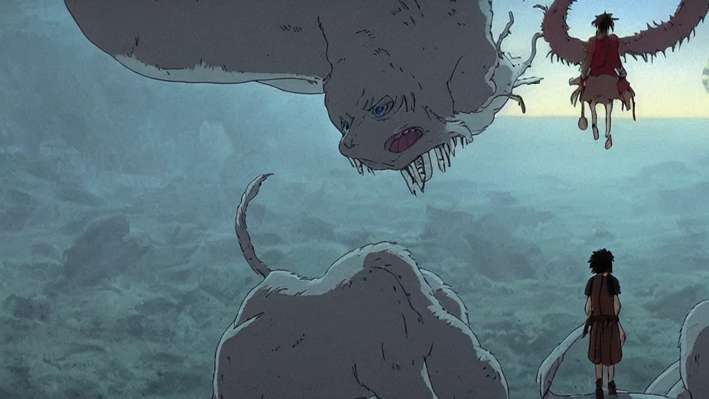 Image similar to a cell shaded cartoon movie still from princess mononoke ( 1 9 9 7 ) showing a lovecraftian monster from independence day ( 1 9 9 6 ) in the air above a city. very dull muted colors, hd, 4 k, hq