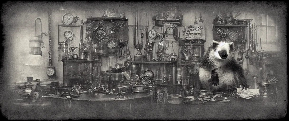 Image similar to detailed daguerreotype of a honey badger as watchmaker in workshop, steampunk laboratory, vintage style, wet collodion, steampunk, sepia, monochrome black and white, artistic photo from late xix century, high resolution, dark atmosphere