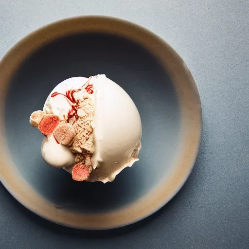 Prompt: extremely delicious looking photo of ice cream desert in cup, very expensive top quality product, michelin star, most perfect desert on the world, small manufacture, unique style, 8 k, product photography, professional studio photography