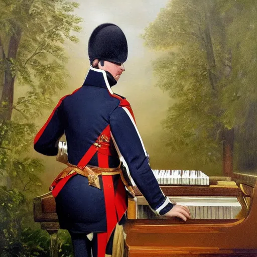 Image similar to ultra realistic painting of a napoleonic soldier sitting on a piano inside of a forest, thick brush strokes, visible paint layers, taken from the back of the soldier.