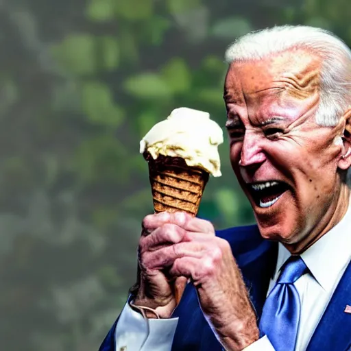 Prompt: joe biden devouring an ice cream cone with a disturbingly large mouth, potrait, award winning