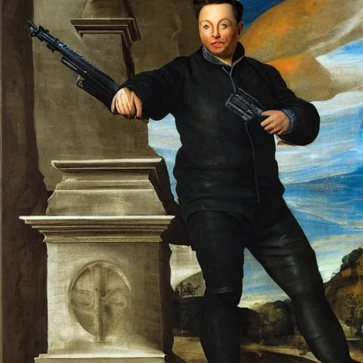 Prompt: painting of Elon musk holding a gun, Paolo Veronese style