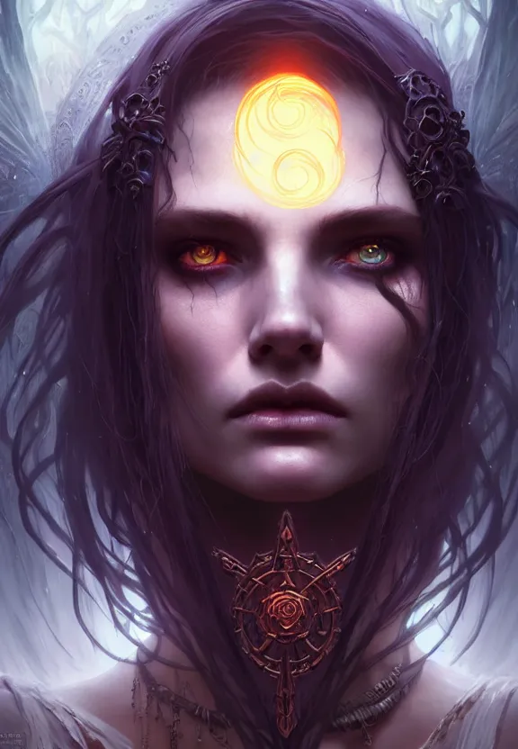 Image similar to Necromancer Sorceress face close-up macro in center, fantasy magic, undercut hairstyle, dark light night, intricate, elegant, sharp focus, illustration, highly detailed, digital painting, concept art, matte, art by WLOP and Artgerm and Greg Rutkowski and Alphonse Mucha, masterpiece