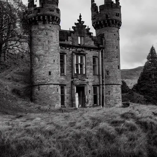 Image similar to haunted castle in the scottish highlands, highly detailed photography, sharp, crisp, ominous, spooky, macabre