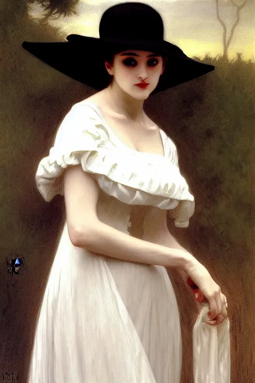 Prompt: victorian vampire in a big black hat, white dress, painting by rossetti bouguereau, detailed art, artstation