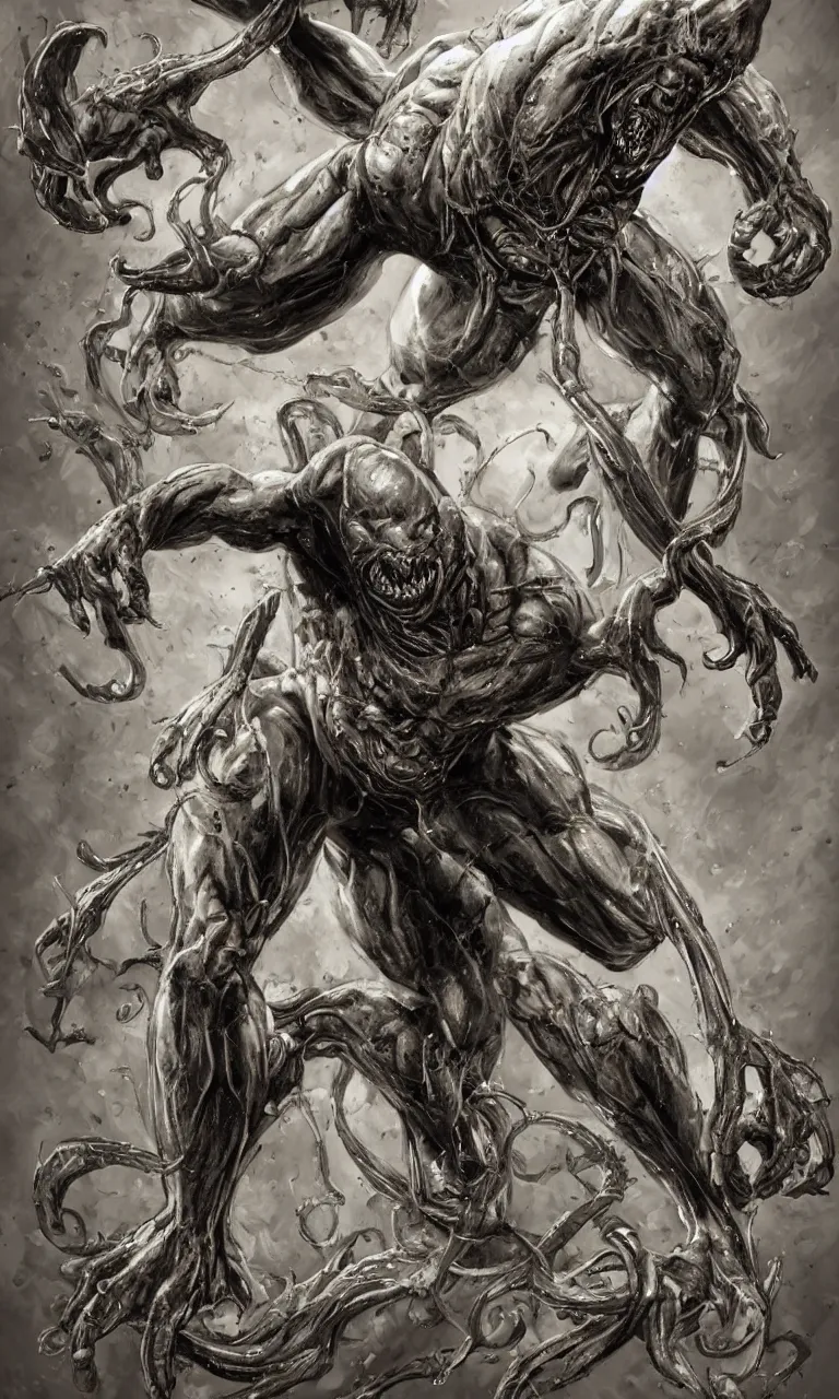 Image similar to legs and feets study of hyper realist full body long shot portrait of bodybuilder venom from marvel comics!!!!, large mouth with teeth, large tongue, lovecraftian horror!!, fantasy, intricate, elegant, highly detailed, digital painting, artstation, concept art, matte, sharp focus, illustration, art by glenn fabry and giger