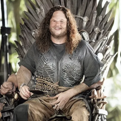 Prompt: Hurley from Lost sitting on the Iron Throne