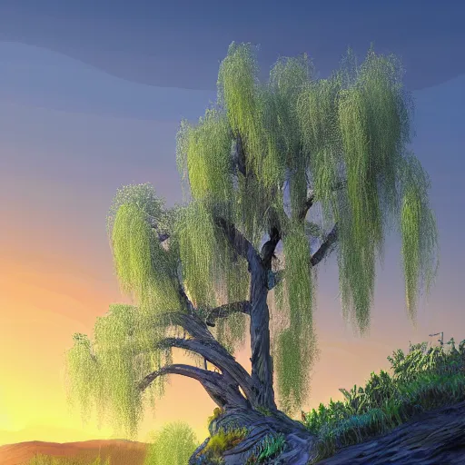 Image similar to featured on artstation majestic willow tree overlooking swirling river at sunset, beautiful image stylized digital art