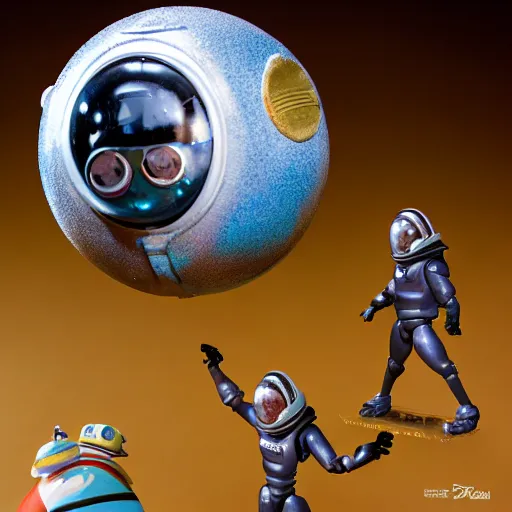 Image similar to a detailed photo of the characters from space balls as action figures, macro photography, zoom, table