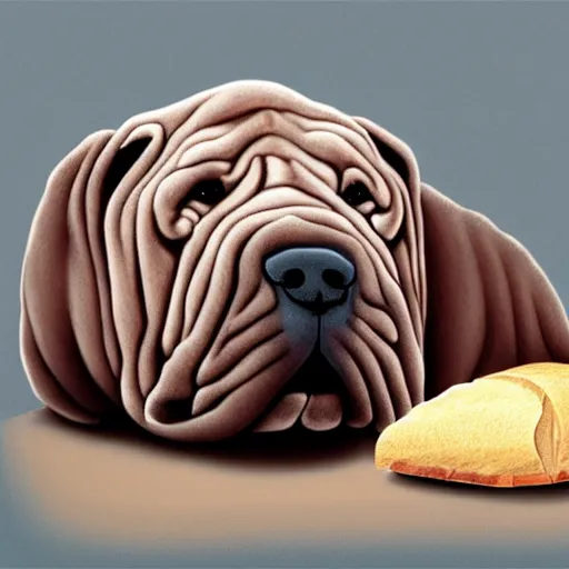 Prompt: photorealistic shar pei staring at a loaf of bread