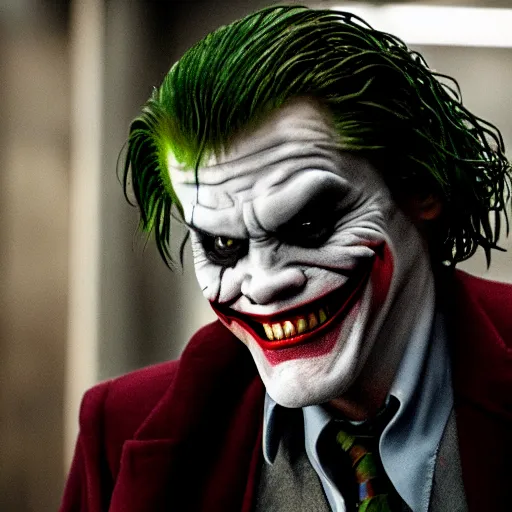Prompt: Jim Carrey as Joker in the Dark Knight, 4k, high resolution photo, award-winning