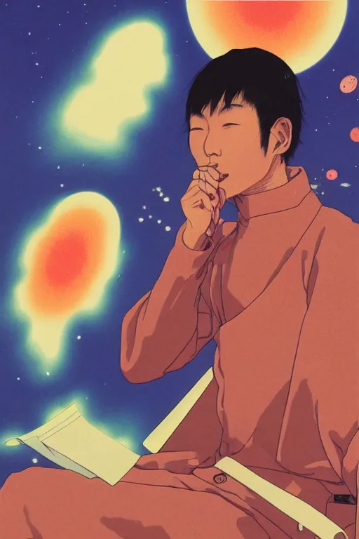 Image similar to a scifi closeup portrait of a young japanese man licking a blotter paper of LSD acid on his tongue and dreaming psychedelic hallucinations in cosmos, by kawase hasui, moebius, Edward Hopper and James Gilleard, Zdzislaw Beksinski, Steven Outram colorful flat surreal design, hd, 8k, artstation