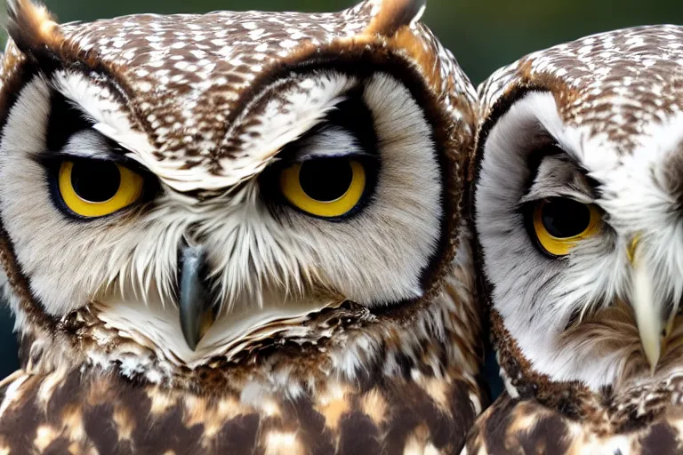 Prompt: owls looking directly into the focal point of the camera