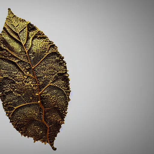 Image similar to Intricate a whole fantasy leaf, encrusted with jewels, gilded gold, detailed veins, sharp focus, octane render, high quality, 8k, volumetric lighting, on black background