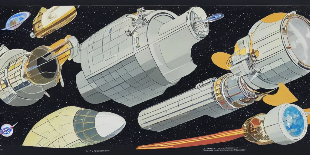 Image similar to 1 9 7 0 s nasa technical illustration concept art color archives space station habitat ring