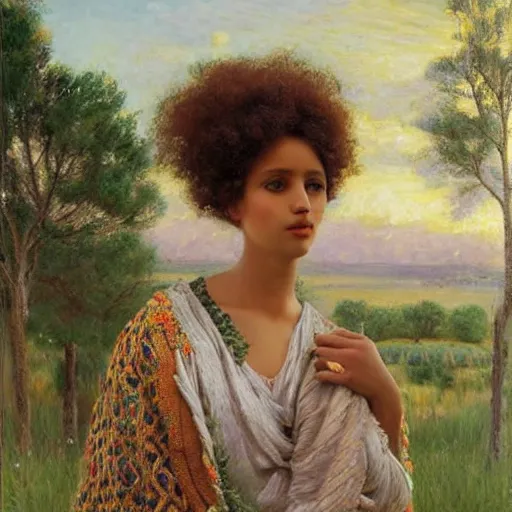 Image similar to somali woman with curly hair, fedosenko roman, j. w. godward, jose miguel roman frances, intricate details, solid color backdrop, countryside, dreamy, impressionist, figurative