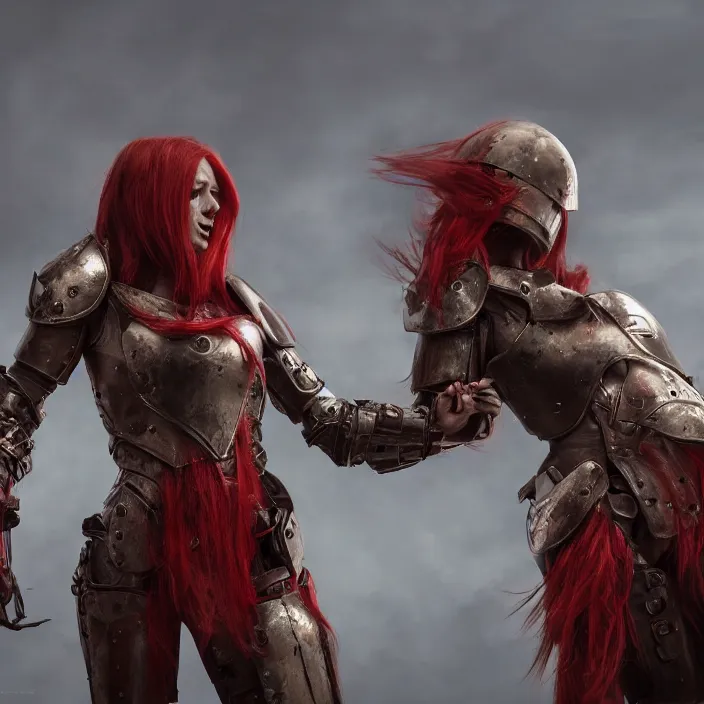 Image similar to a girl with a long red hair wearing a full-body red plate armor screaming in a battlefield, anatomically correct, hyperrealistic, concept art, octane render, unreal engine 5, 8K HDR, highly detailed, high quality, fantasy armor