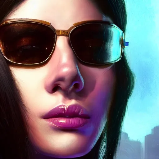 Prompt: very detailed masterpiece closeup painting of a very beautiful young mexican cyberpunk woman with light blue shutter shades, one side haircut, brown hair with light blue ends, purple leather jacket, beauty mark on cheek, portrait, synthwave background, artstation, concept art by greg rutkowski