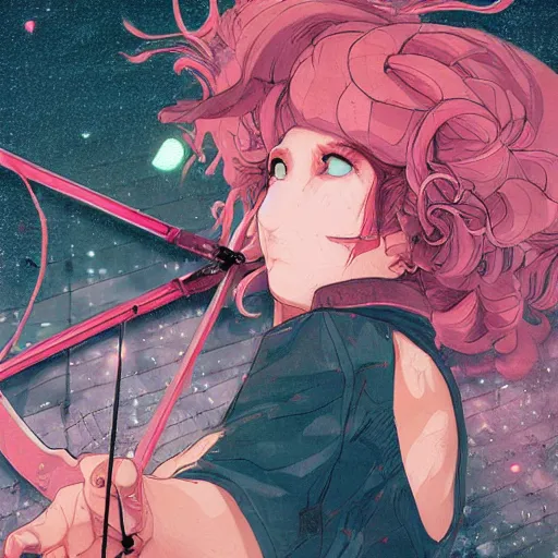 Prompt: close up, pose pointing with an arrow bow and screaming!!, a grungy cyberpunk anime, very cute, by super ss, curly pink hair, night sky by wlop, james jean, victo ngai, highly detailed