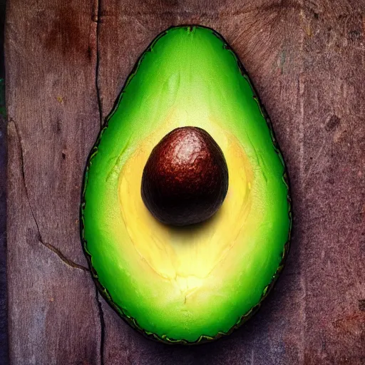 Image similar to a realistic avocado with jesus face on it, bizantine, hyperrealistic, extremely detailed, vivid, apocalyptic, volumetric illumination, 8 k, matte painting