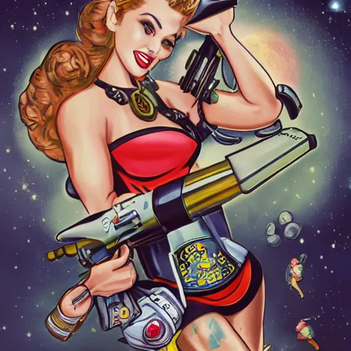 Image similar to old school, traditional style flashes of pinup girl in space holding a lazer pistol by sailor jerry, marina goncharova, vic james, electric martina, heath clifford, filip henningsson, kimi vera