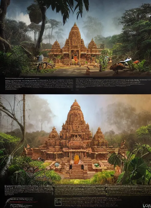 Image similar to 8 k concept art from a hindu temple lost in the jungle by david mattingly and samuel araya and michael whelan and dave mckean and richard corben. realistic matte painting with photorealistic hdr volumetric lighting. composition and layout inspired by gregory crewdson.