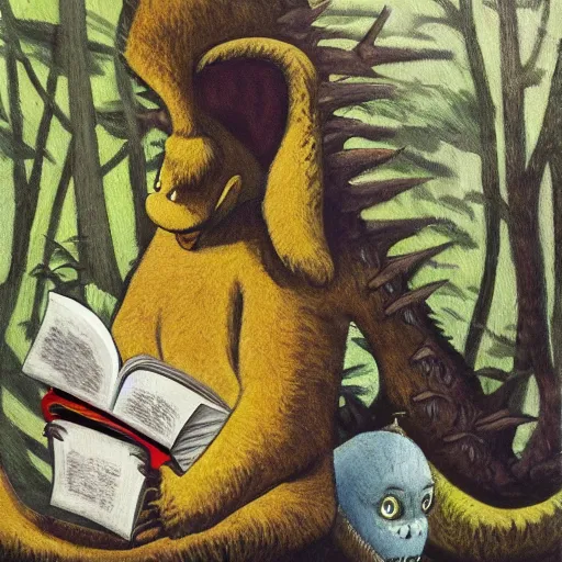 Image similar to monster reading a book in a forest, where the wild things are, bicycle nearby, oil on canvas, calm, maurice sendak