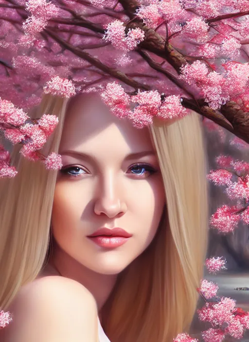 Image similar to photo of a gorgeous blonde female in the style of stefan kostic, realistic, half body shot, sharp focus, 8 k high definition, insanely detailed, intricate, elegant, art by stanley lau and artgerm, extreme blur cherry blossoms background