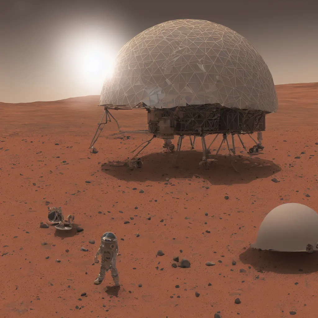 Prompt: First humans arriving on Mars next to a lander rocket and a geodesic dome structure, digital art