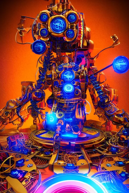 Image similar to portrait photo of a giant huge golden and blue metal futuristic steampunk robot with a red guitar covered with multicolored big gears and tubes, eyes are glowing red lightbulbs, shiny crisp finish, 3 d render, 8 k, insaneley detailed, fluorescent colors, background is multicolored lasershow