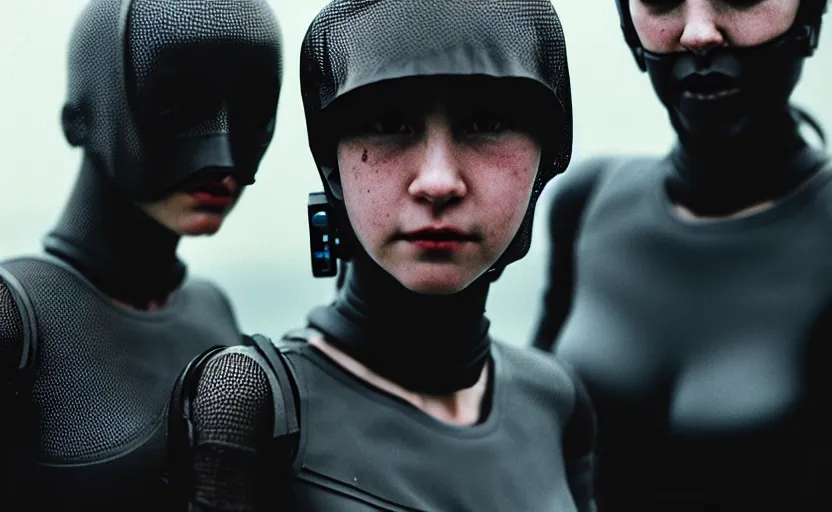 Image similar to cinestill 5 0 d candid photographic portrait by helen levitt of two loving female androids wearing rugged black mesh techwear in treacherous waters, extreme closeup, modern cyberpunk moody emotional cinematic, dust storm, 8 k, hd, high resolution, 3 5 mm, f / 3 2, ultra realistic faces, ex machina