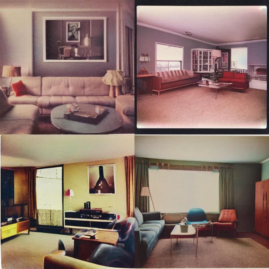 Prompt: 1970s Living Room, faded polaroid photograph
