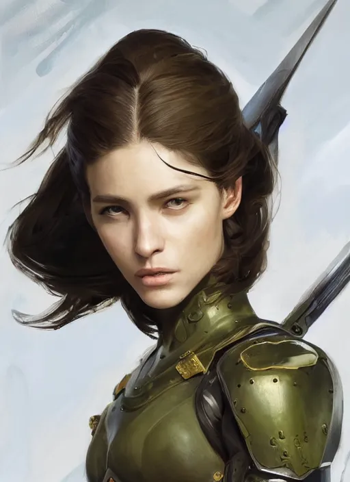Image similar to a professionally painting of an attractive young female, partially dressed in military armor, olive skin, long dark hair, beautiful bone structure, perfectly proportioned, symmetrical facial features, intricate, elegant, heroic pose, digital painting, concept art, illustration, smooth, sharp focus, finely detailed, from Metal Gear, by Ruan Jia and Mandy Jurgens and William-Adolphe Bouguerea