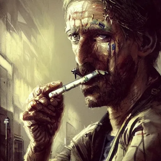 Image similar to aged shaggy ex military, smoking a cigarette, cyberpunk, smoke, armitage, painted by seb mckinnon, high detail, dramatic light, digital art, painted by greg rutkowski, promotional movie posterart, trending on artstation