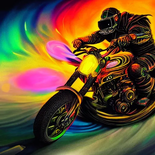 Image similar to psychedelic blacklight neon airbrush artwork, motorcycle, hyper stylized cinematic action shot of an orc in battle armor racing on a motorcycle, menacing orc, drifting, skidding, wheelie, clear focused details, soft airbrushed artwork, black background, post apocalypse, cgsociety, artstation