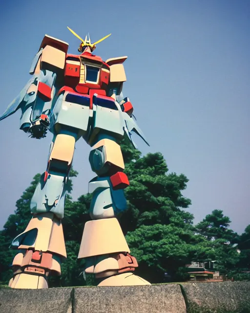 Prompt: a lomographic photo of old gigantic gundam mecha, standing tall above a typical japanese yard in small town, hikone on background, cinestill, bokeh