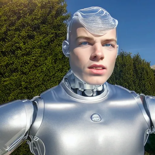 Image similar to made of ice, a realistic detailed photo of a guy who is an attractive humanoid who is half robot and half humanoid, who is a male android, on display, blank stare, showing off his muscles, shiny skin, posing like a statue, by the pool, frozen ice statue, f 1 driver max verstappen, humanoid robot