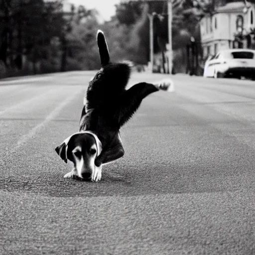 Image similar to a dog doing a hand stand in the middle of a busy road, realistic, 35mm photograph