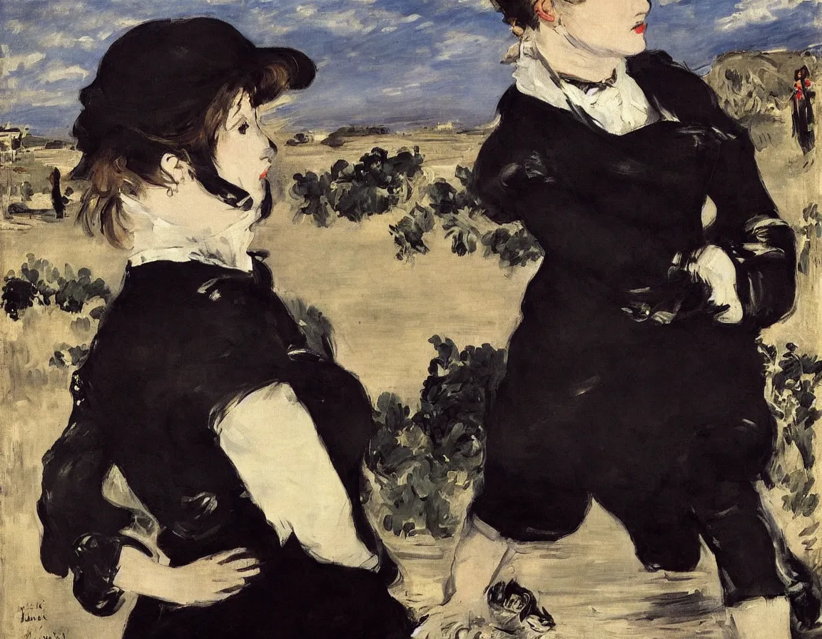 Image similar to edouard manet. a wide portrait of a marie from the side all dressed in black on a motorcycle on a highway looking over her shoulder towards us. blue sky. there is another motorcycle blurred in the background. precise thin brush strokes. expressive. emotional. modern.