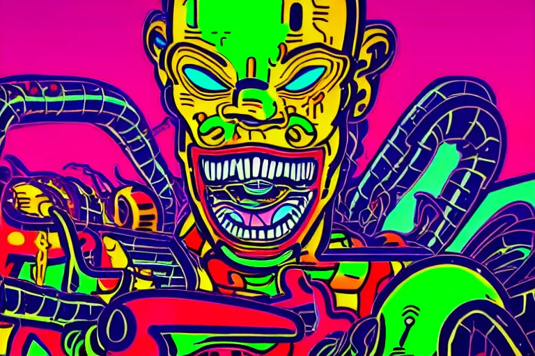 Image similar to pop art of a giant cyberpunk demon god, bright neon colors, intricate details, complementary colors, detailed face, backlighting, octane render, depth of field, extremely detailed, trending in artstation, focus on face, sharp focus, radiant light, beautiful composition, drawn by roy lichtenstein, keith haring, romero britto