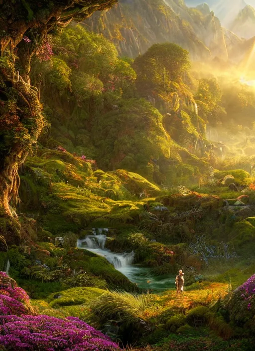 Prompt: in the distance a symmetrical fairy flying in a lord of the rings scenery landscape, a vast lush valley flowers and wood structures, stream, sunrise, god's rays highly detailed, vivid color, cinematic lighting, perfect composition, 8 k, gustave dore, derek zabrocki, greg rutkowski, belsinski, octane render