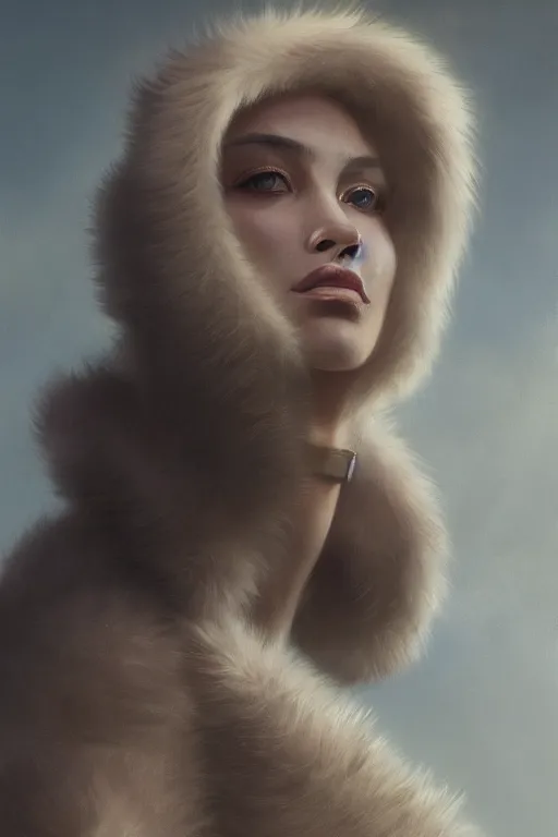 Image similar to A fancy portrait of an attractive hybrid women with fur by Greg Rutkowski, beeple, Sung Choi, Mitchell Mohrhauser, Maciej Kuciara, Johnson Ting, Maxim Verehin, Peter Konig, final fantasy, macro lens , 8k photorealistic, cinematic lighting, HD, high details, dramatic, dark atmosphere, trending on artstation