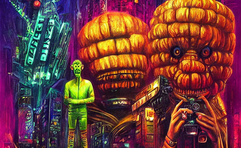 Image similar to a tennis ball monsters in blade runner, colorful, digital art, fantasy, magic, chalk, trending on artstation, ultra detailed, professional illustration by basil gogos